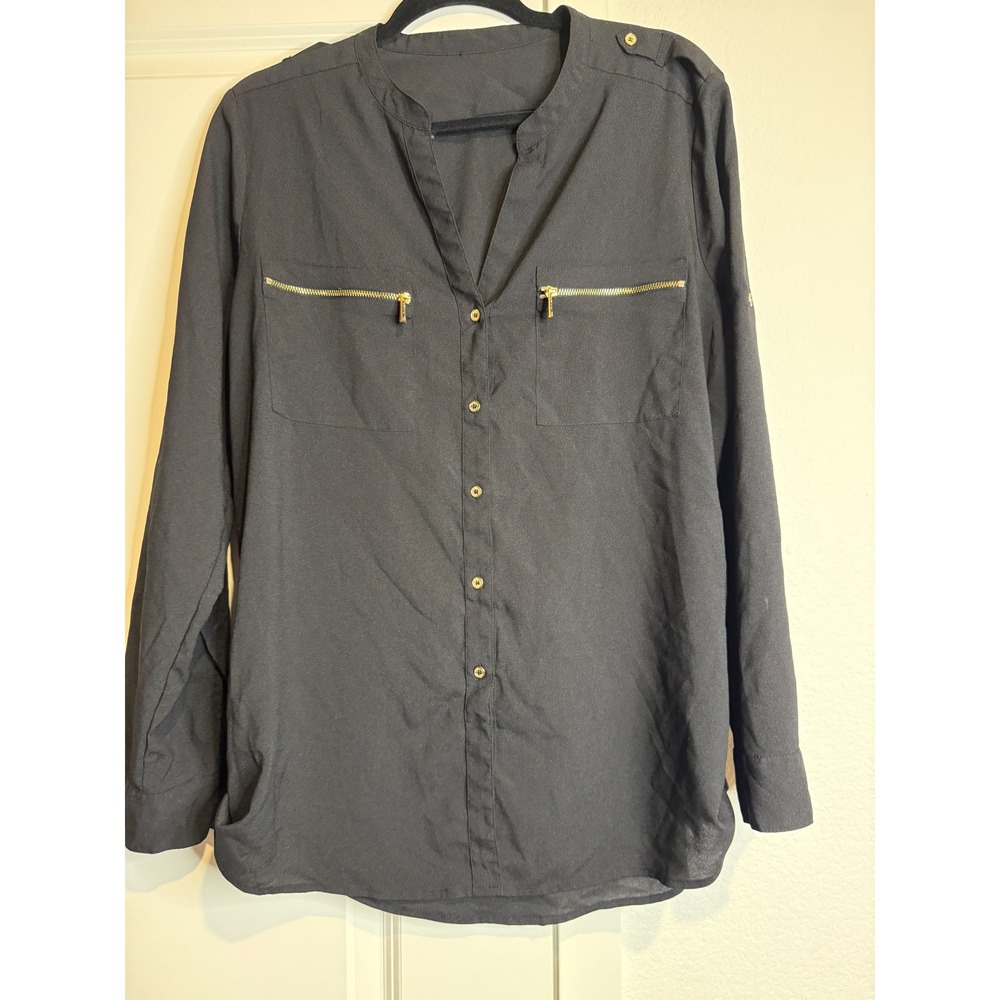 Calvin Klein Womens Black Button Down Blouse Gold Zip Pockets